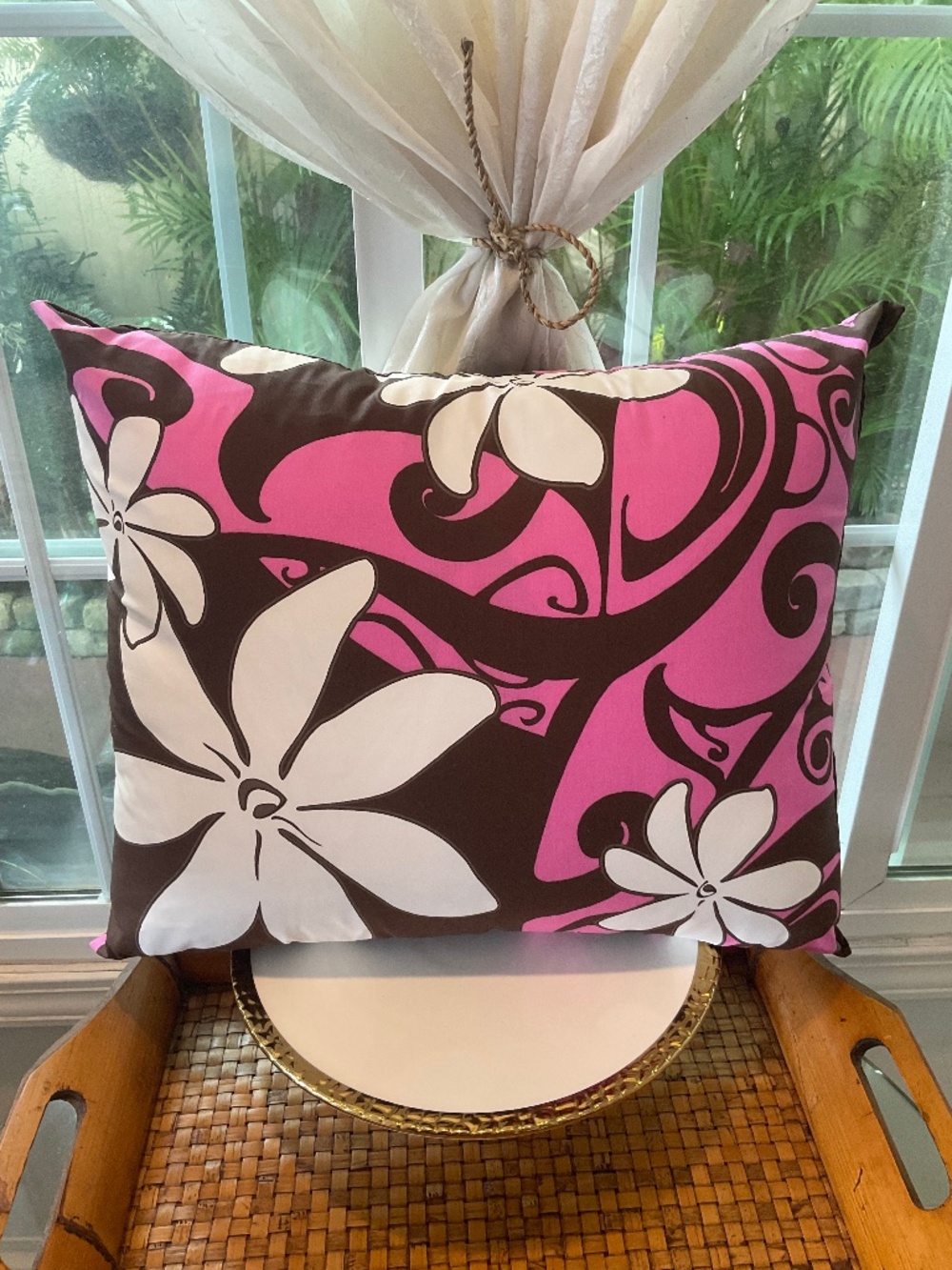 Lovely Tropical Pink White & Brown Overstuffed Pillow
